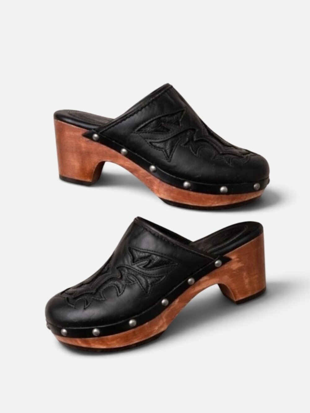 ARIAT MCMXCIII Black Leather Wood Clog Mules Size 6